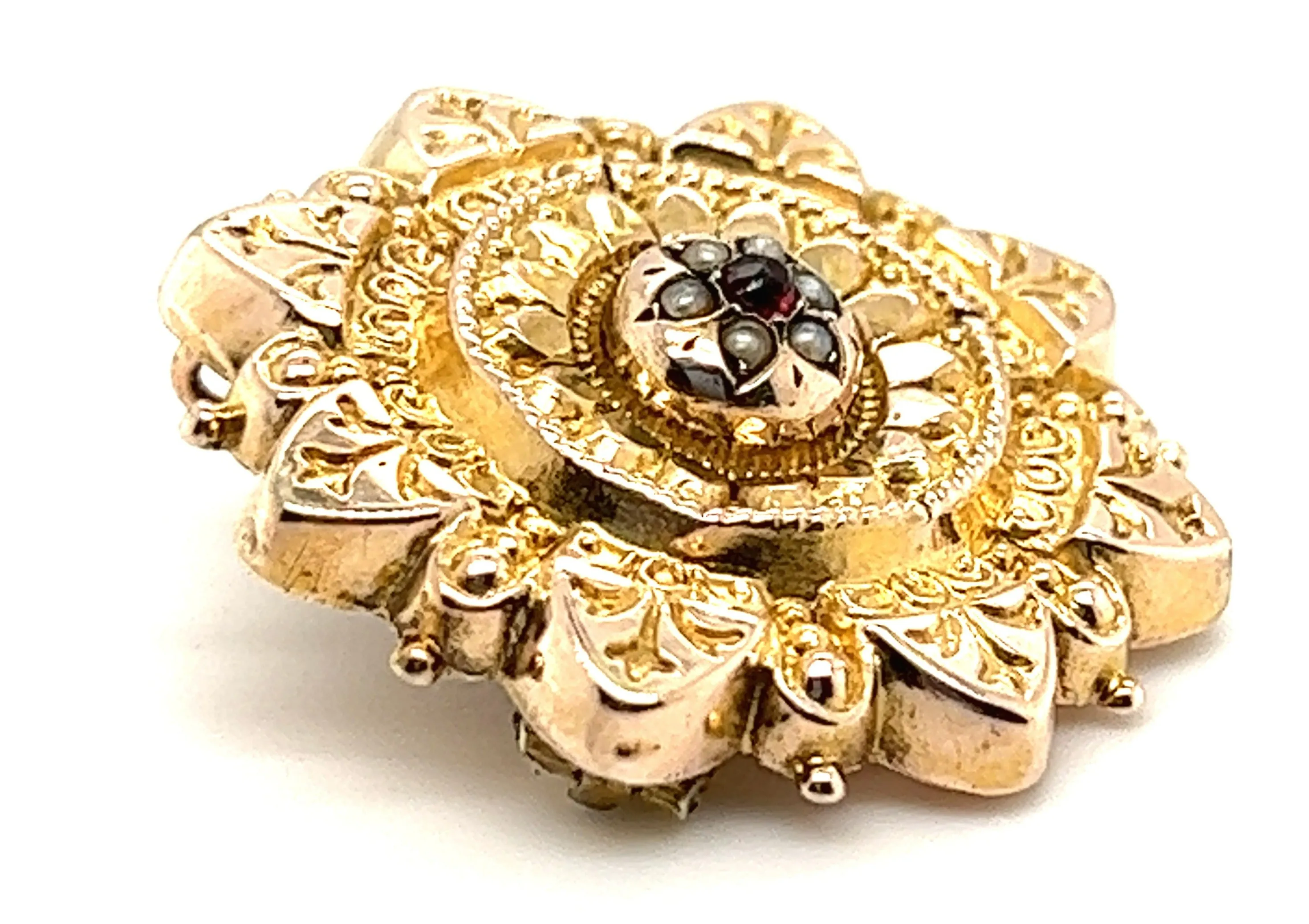 Vintage 9ct Yellow Gold Ruby & Seed Pearl Brooch