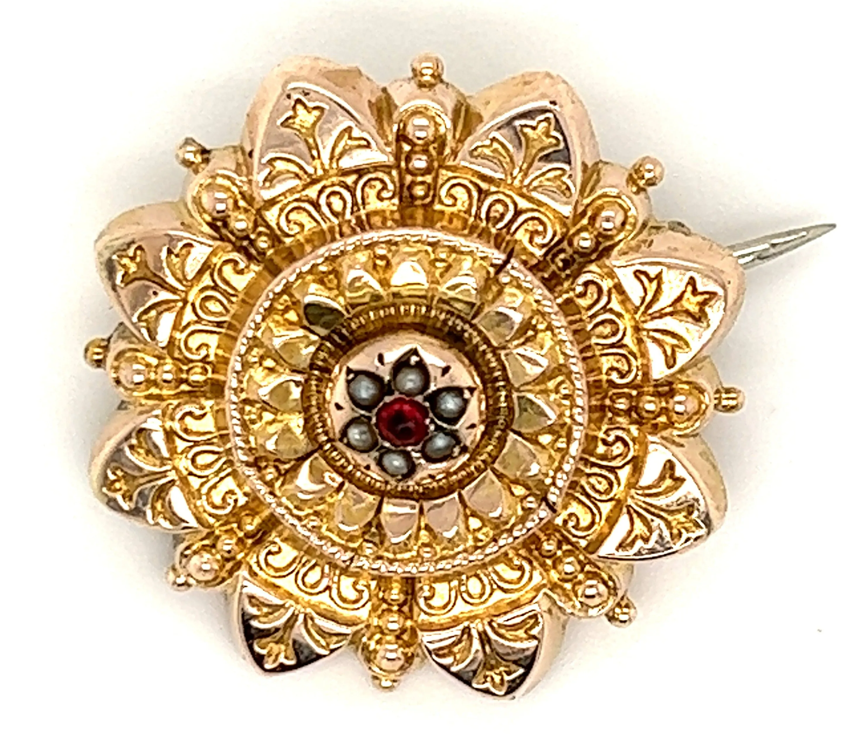 Vintage 9ct Yellow Gold Ruby & Seed Pearl Brooch