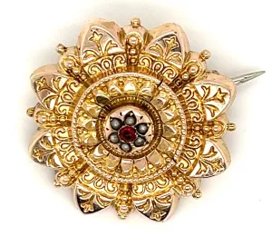 Vintage 9ct Yellow Gold Ruby & Seed Pearl Brooch