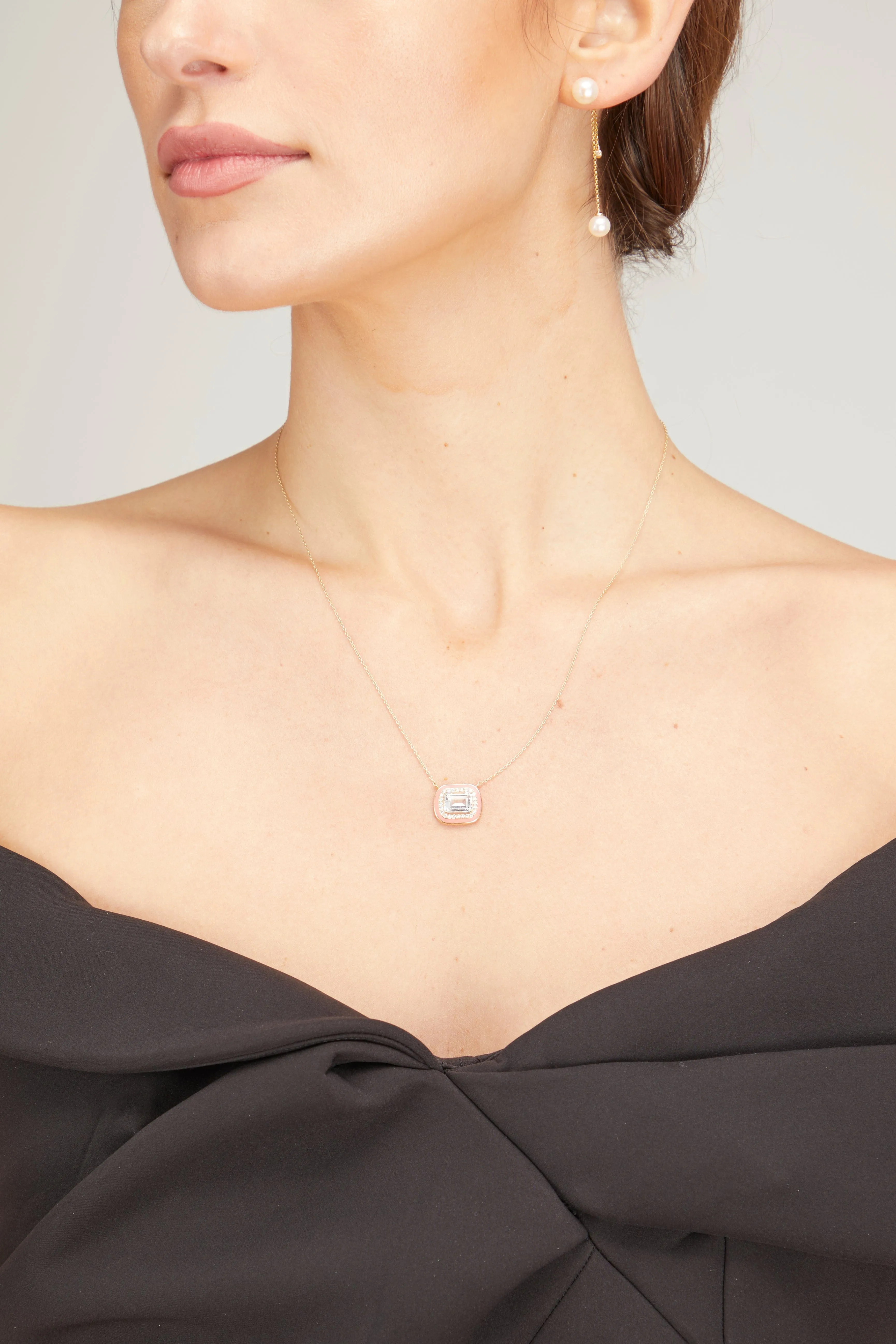 White Topaz Diamond Halo Pink Enamel Necklace in 14k Yellow Gold