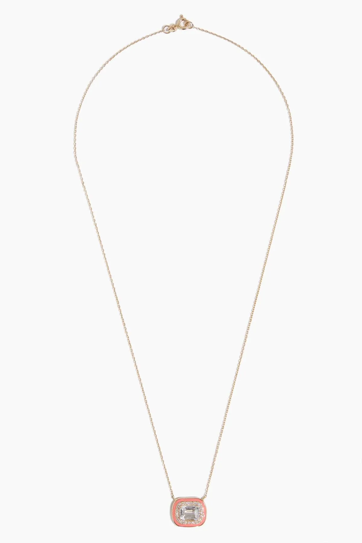 White Topaz Diamond Halo Pink Enamel Necklace in 14k Yellow Gold