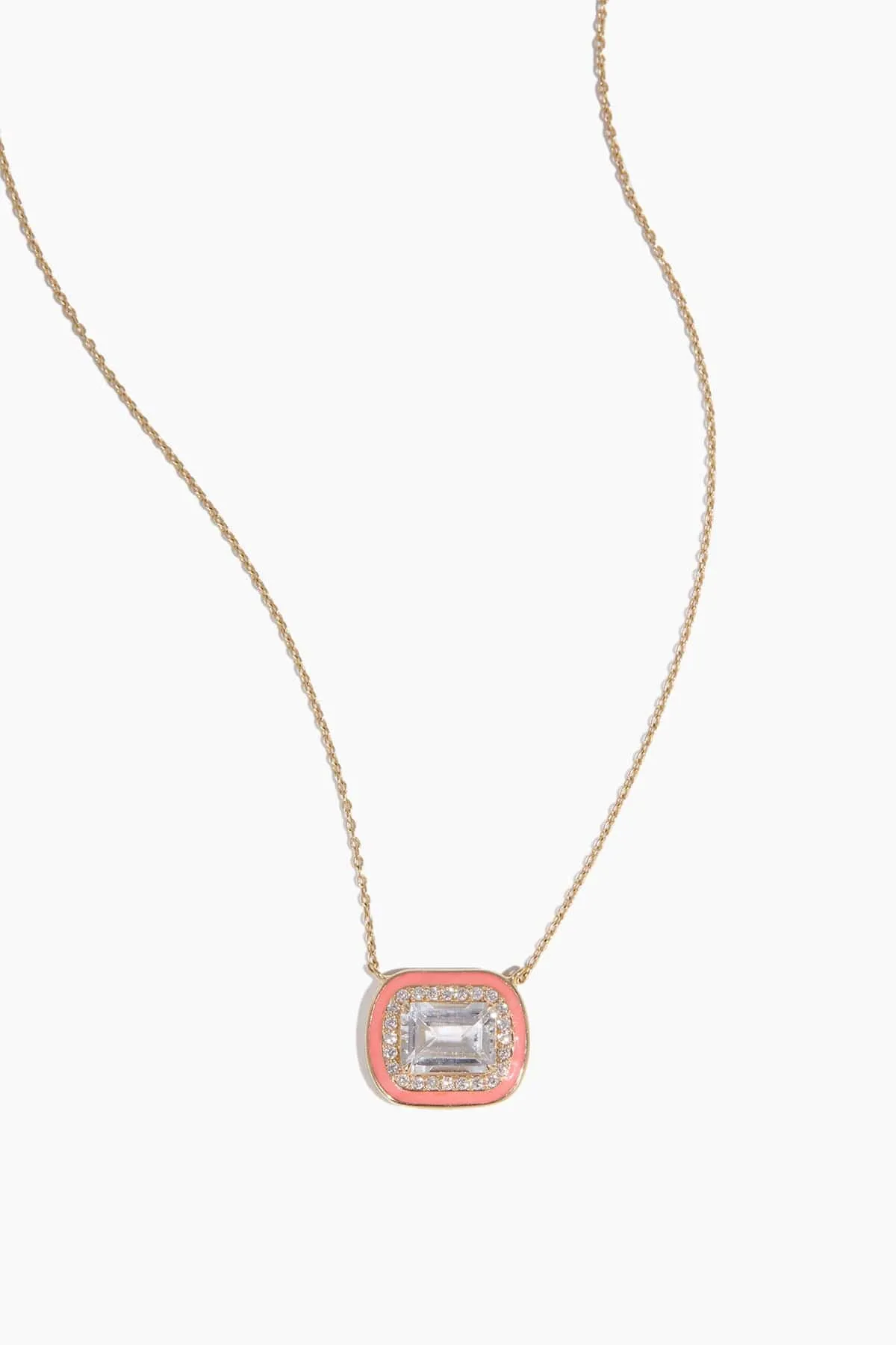 White Topaz Diamond Halo Pink Enamel Necklace in 14k Yellow Gold