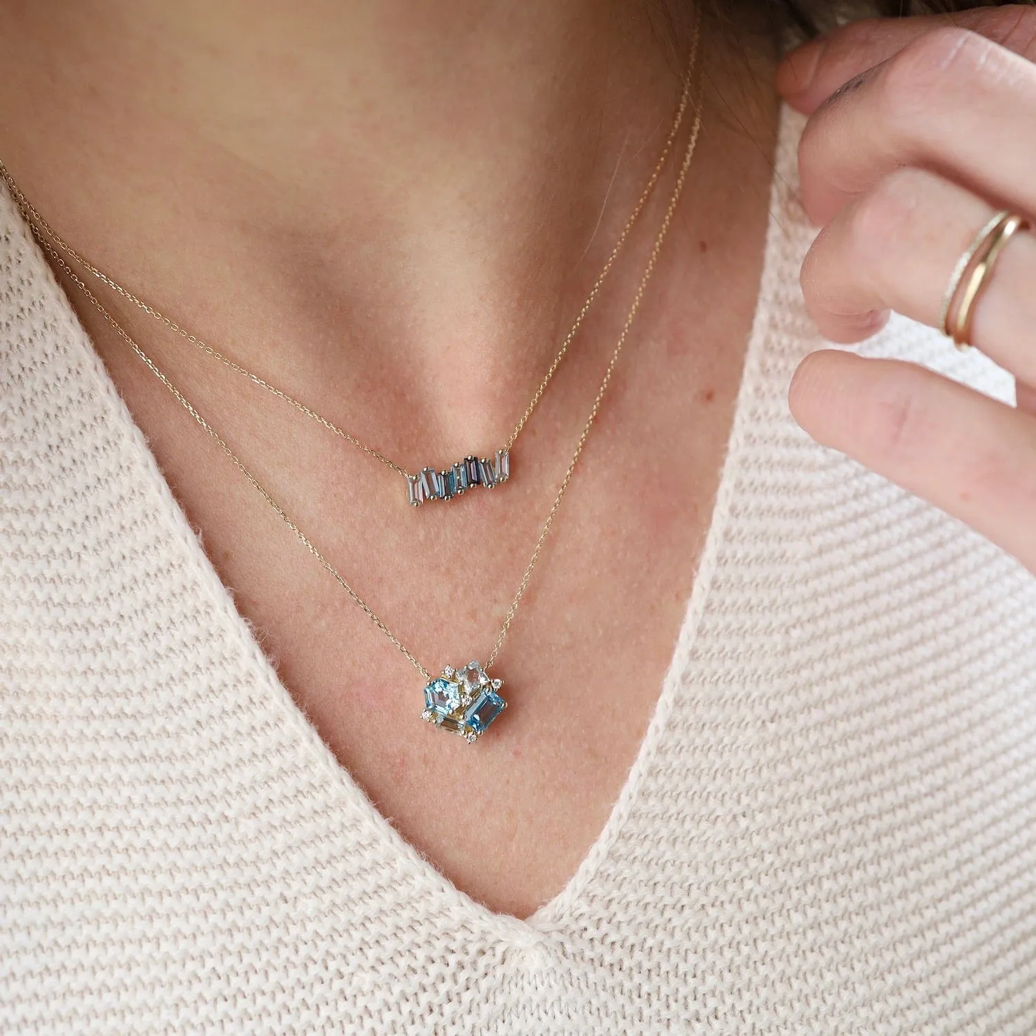 Yellow Gold Mixed Blue Baguette Bar Necklace