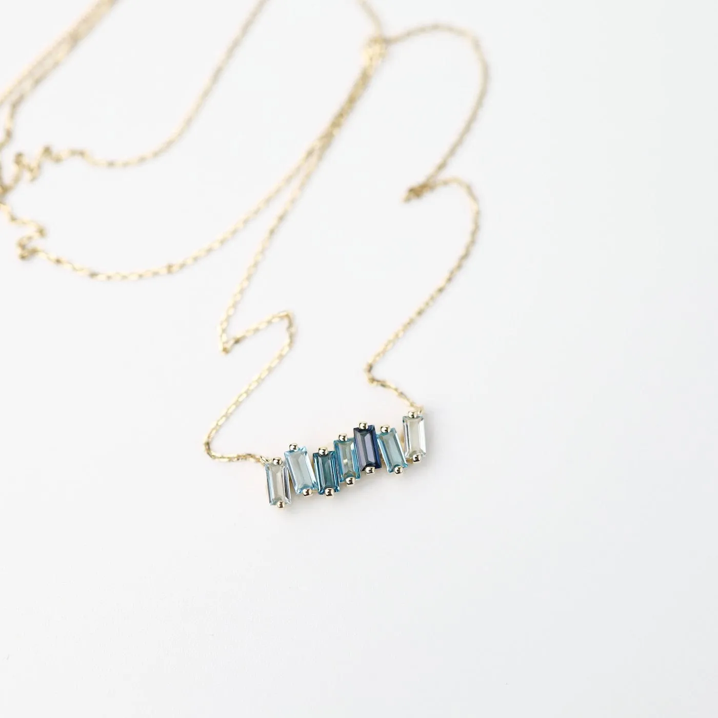 Yellow Gold Mixed Blue Baguette Bar Necklace