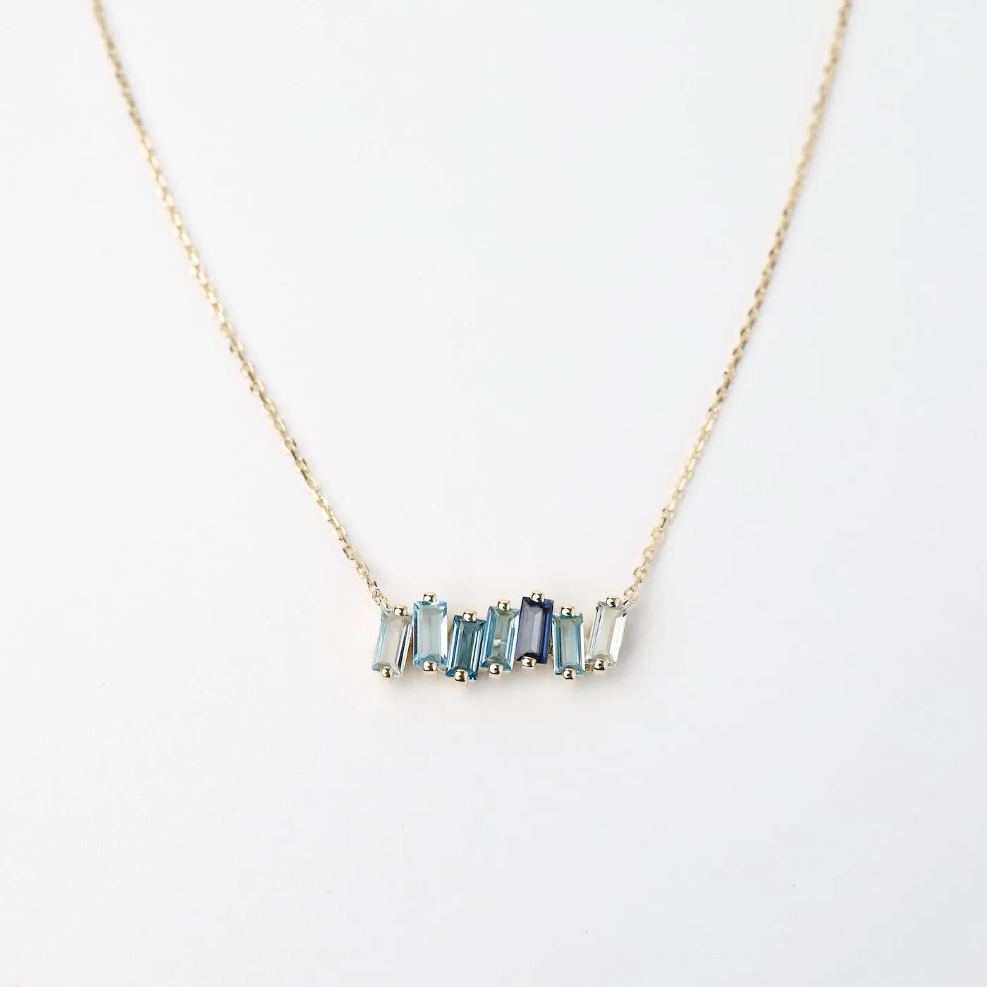 Yellow Gold Mixed Blue Baguette Bar Necklace