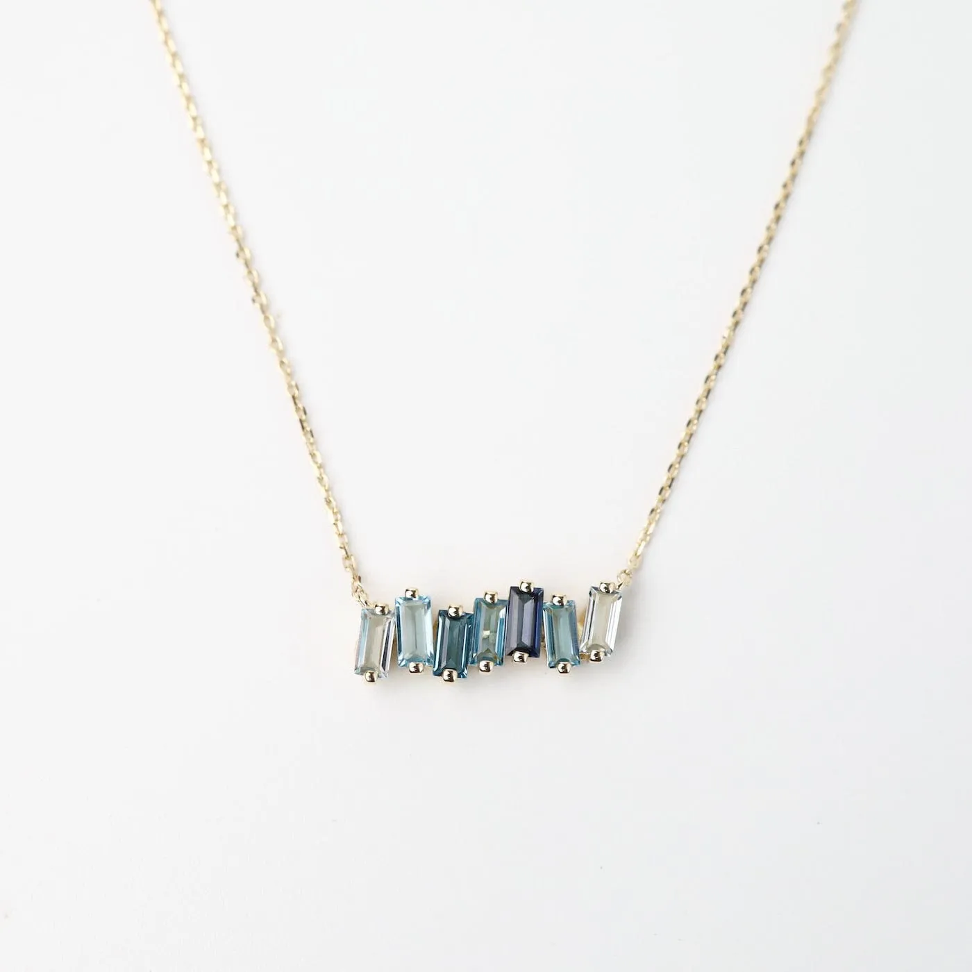 Yellow Gold Mixed Blue Baguette Bar Necklace