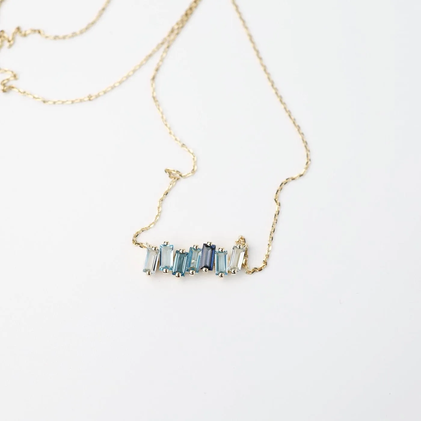 Yellow Gold Mixed Blue Baguette Bar Necklace